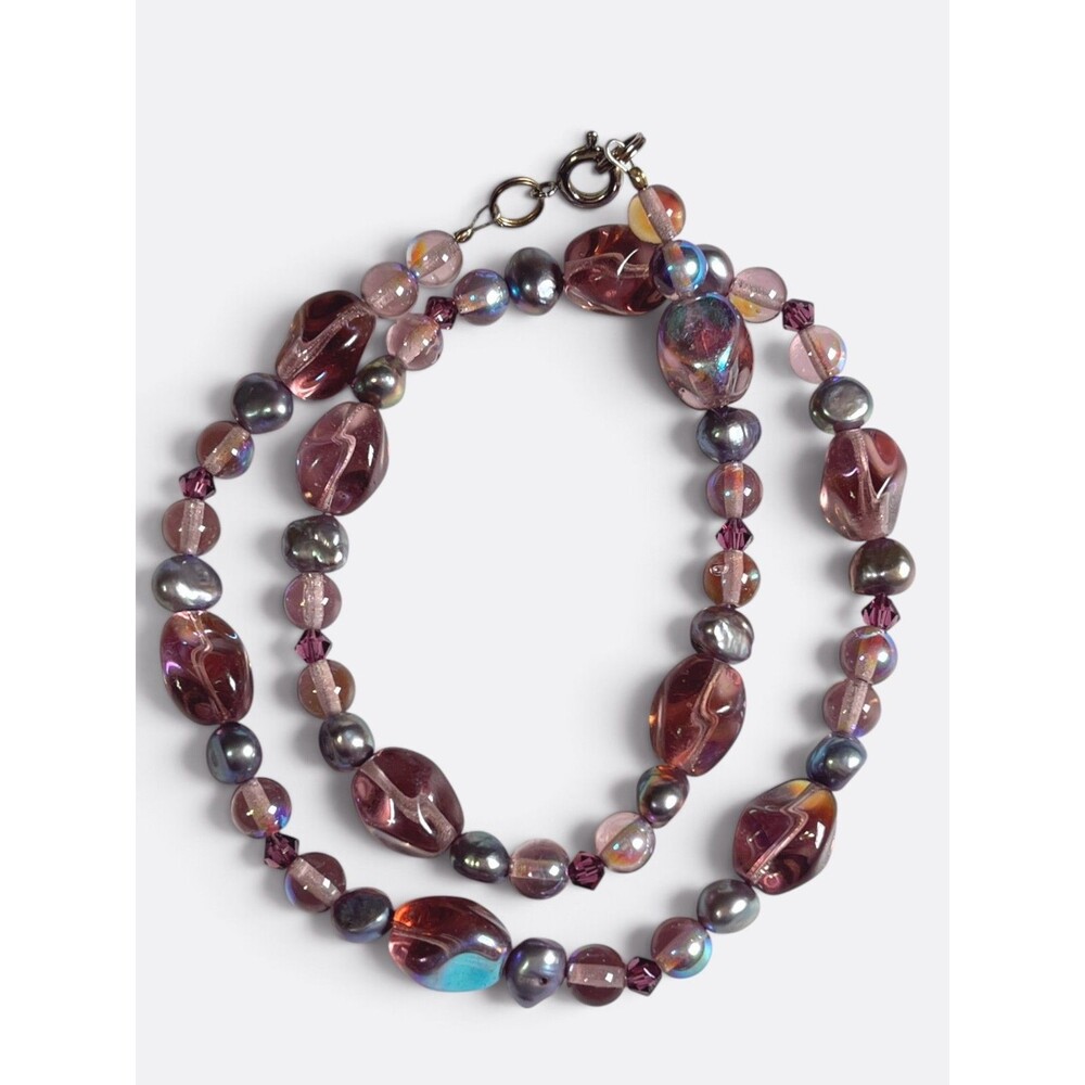 Iridescent Art Glass Baroque Pearl Necklace 16" Purple AB Beaded Collar Jewelry